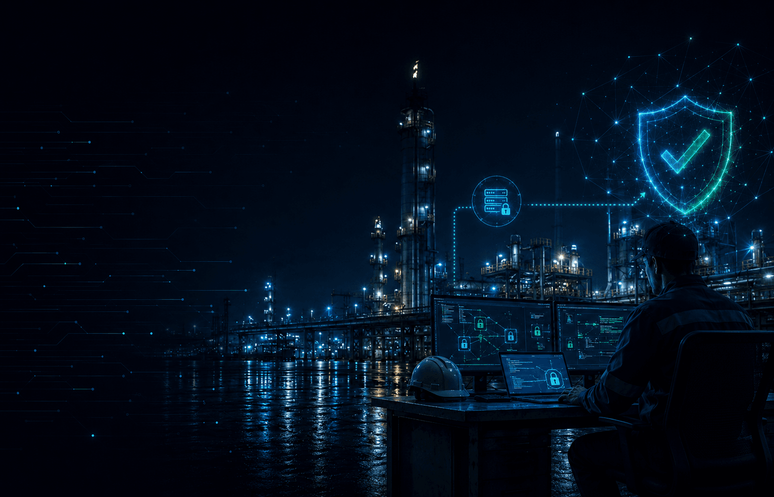 Engineer at a remote-access workstation with network security lock indicators
