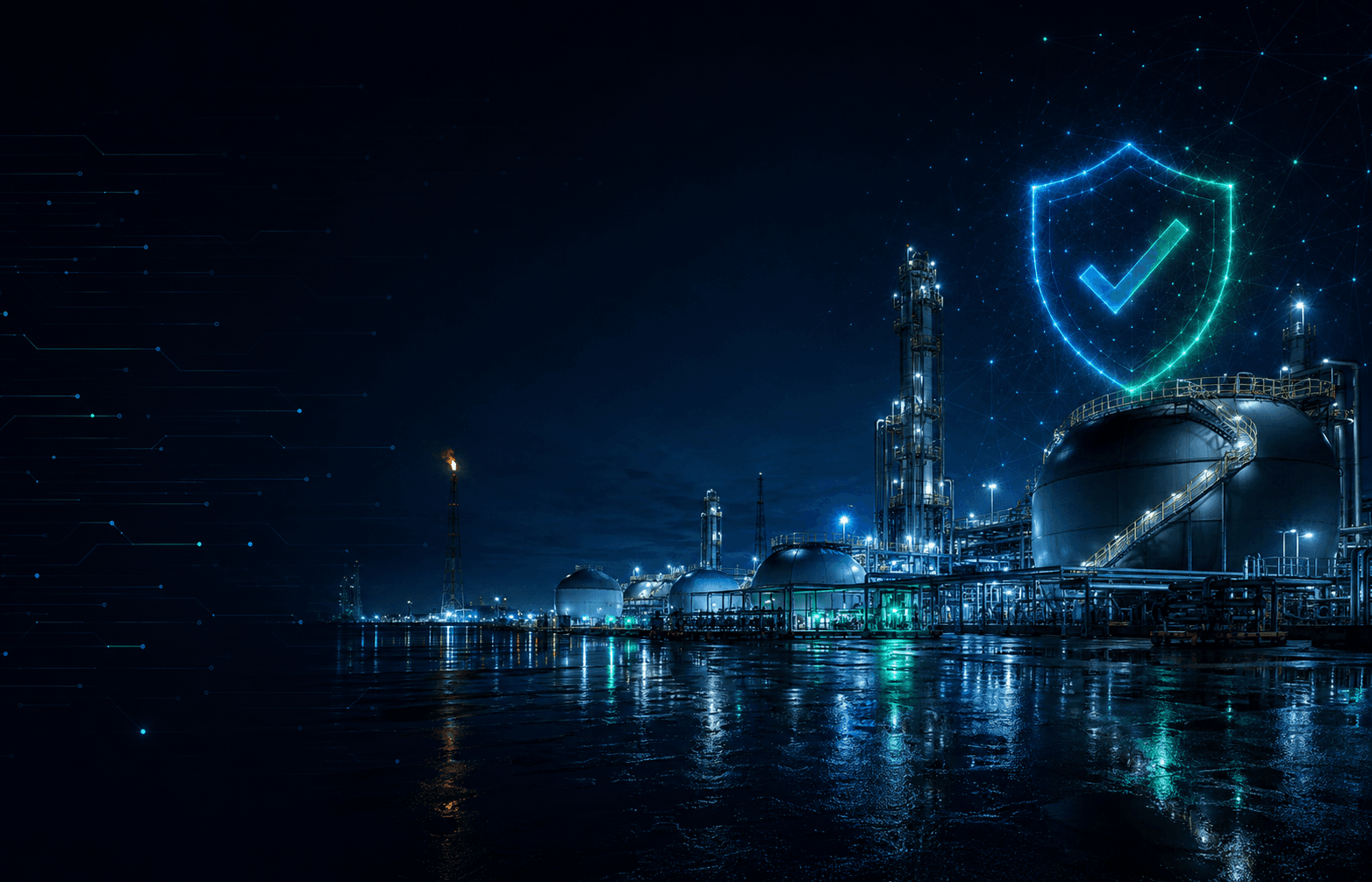 Energy and LNG facility with large storage tanks at night